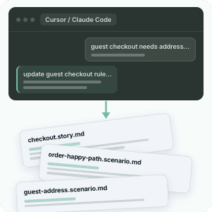 A Cursor or Claude Code chat about guest checkout turned into a story file and two scenario files