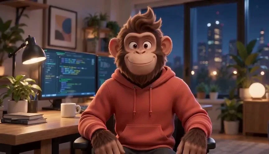 TestChimp mascot at the desk, facing camera, dual monitors with code behind.